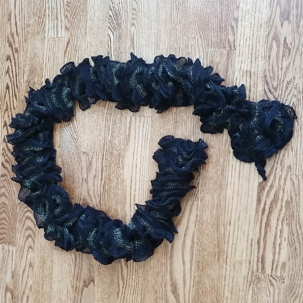 Black Ruffle Scarf with Gold Thread Detailing Metallic Party Date Night Occasion